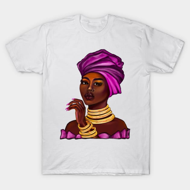 side eye Queen  Black is beautiful black girl with Gold bangles, neck ring necklace, purple dress and head wrap, brown eyes and dark brown skin ! T-Shirt by Artonmytee